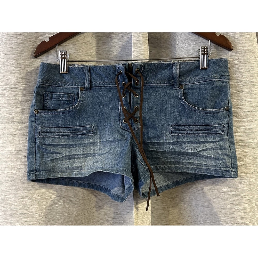 Vintage Y2K Boom Boom Jeans Lace Up Denim Shorts Size‎ 11 Festival Micro